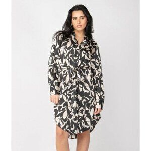 Black Tape Belted Satin Black White Floral Shirt Dress Women's Size Small